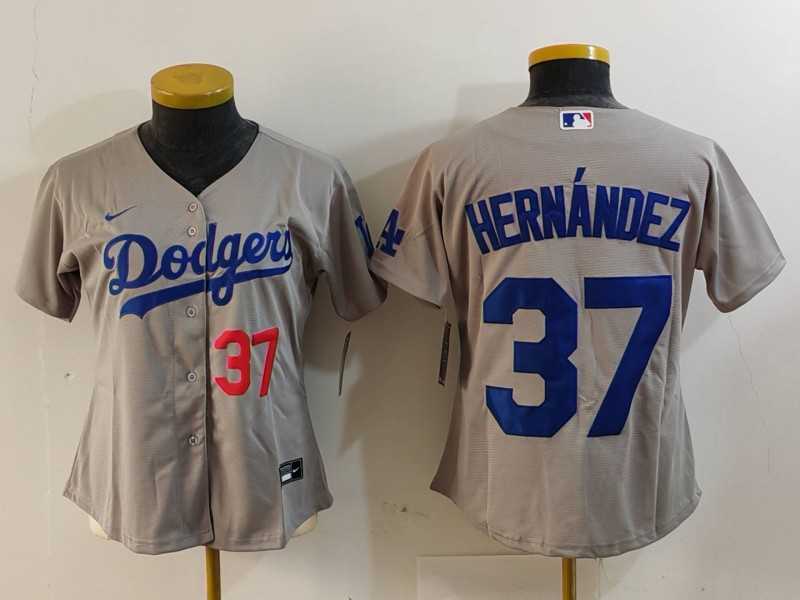 Women%27s Los Angeles Dodgers #37 Teoscar Hernandez Number Grey Cool Base Stitched Jersey
